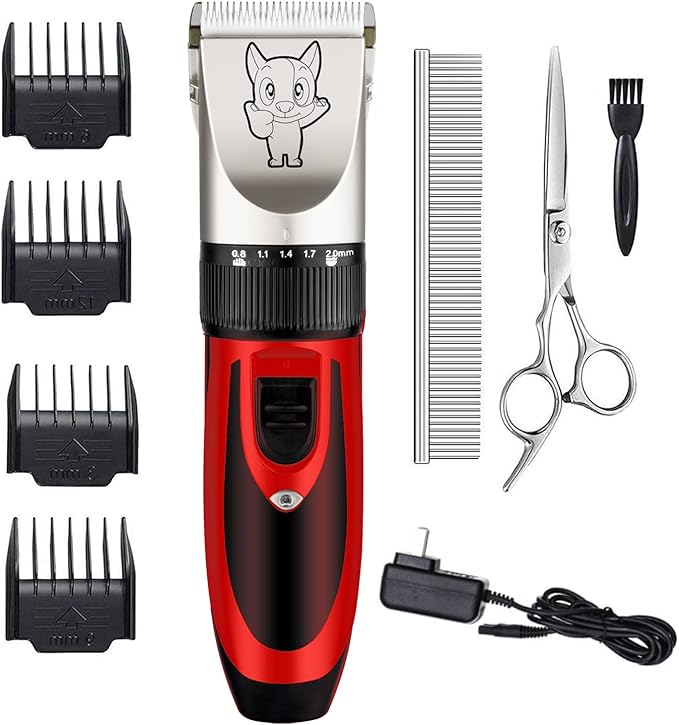 Highdas Dog Clippers for Grooming Rechargeable, Electric Dog Grooming Kit Clippers Low Noise, Cordless Quiet Dog Shaver, Pet Hair Trimmer Set for Dogs, Cats, Pets (Red)