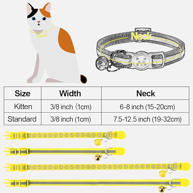 Taglory Kitten Collar Breakaway with Bell, Reflective Soft Cat Collar for Small Kittens, Adjustable 6-8 Inch High Visibility Night Strip, Lightweight for 2-6 Months Baby Cats, 2 Pack, Yellow