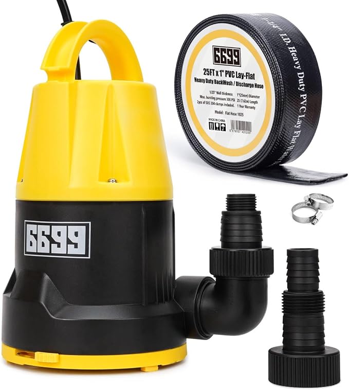 Submersible Sump Pump 2500GPH High Flow with 25FT x 1-1/2” Discharge Hose Drain Water Pump Kit 1/2HP Portable Utility Pump Easy to Use for Flooded Basement Rain Barrel