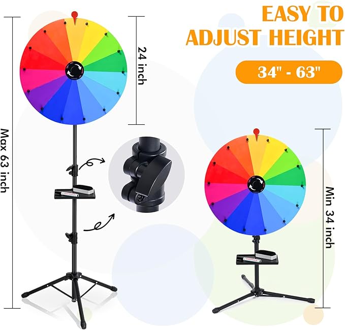 24 Inch Prize Wheel Spinner with Stand, Ajustable 34"-63" Height Heavy Duty Spinning Wheel for Prizes, Spin The Wheel Game with Stand for Tabletop or Floor, Suitable for Trade Show, Family, 14 Colors
