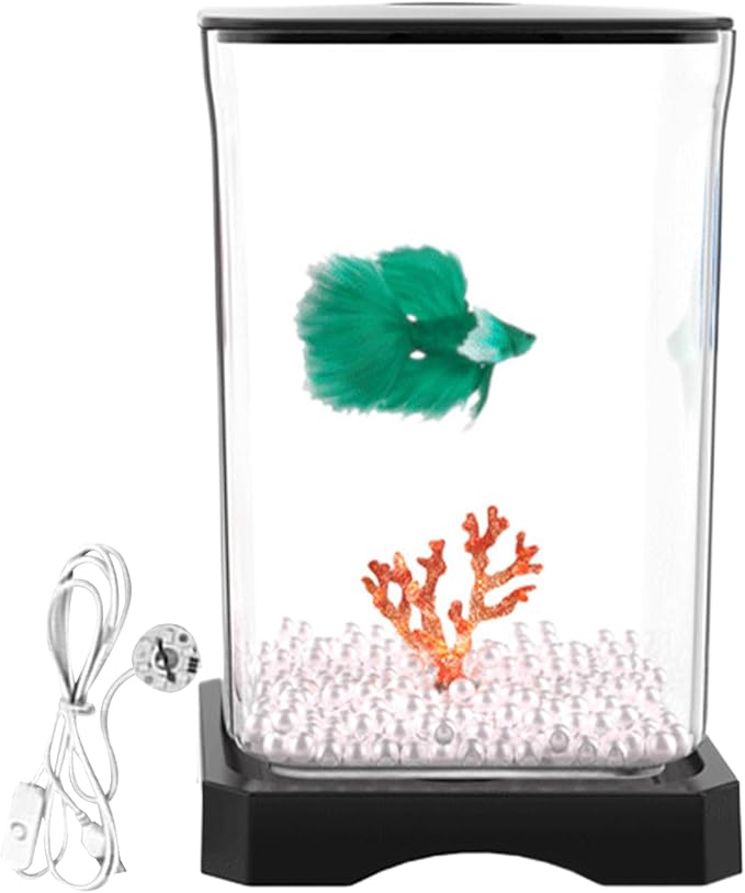 Small Fish Tank - Acrylic Aquarium, Compact LED Lighting Bowl, Modern Betta Container, Design | Desktop Decoration for Home Office, Mini Fish Habitat, Bedroom Display, Small Space