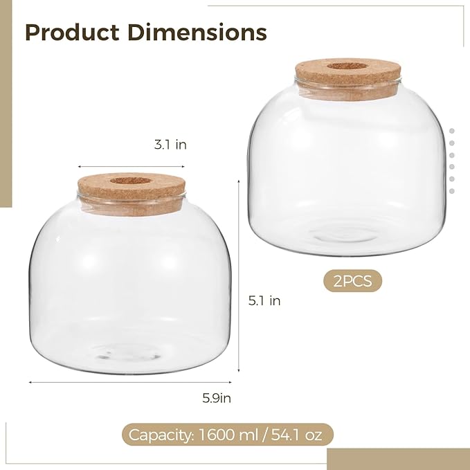 54 oz Glass Fish Bowl Vase with Cork Lid, Clear Bubble Planter Vase Globe Flower Centerpiece, 3 Inch Open Mouth Round Terrarium Vases, 6 Inch Diameter x 5 Inch Height (2PCS)