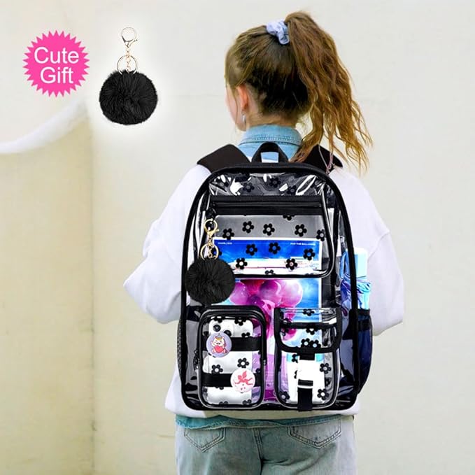 CCJPX 3Pcs Clear Backpack for Girls, School Transparent Bookbag, Heavy Duty See Through Backpacks for Teens Elementary