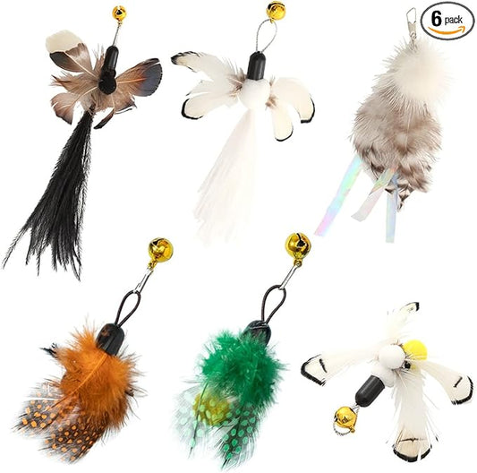 Cat Insect Feather Toys Replacement Cat Toy Wand Refills, 6 Pieces Natural Insect Cat Toy Feathers Refill, Interactive Cat Teaser Wand Attachments, with Bell