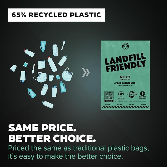 Doggy Do Good Landfill-Friendly Poop Bags | Dog Waste Bags Made with 50% Recycled Plastic + 15% Biobased Material | Unscented, Thick, Leak-Proof, Easy Open | Standard Size | 60 Count