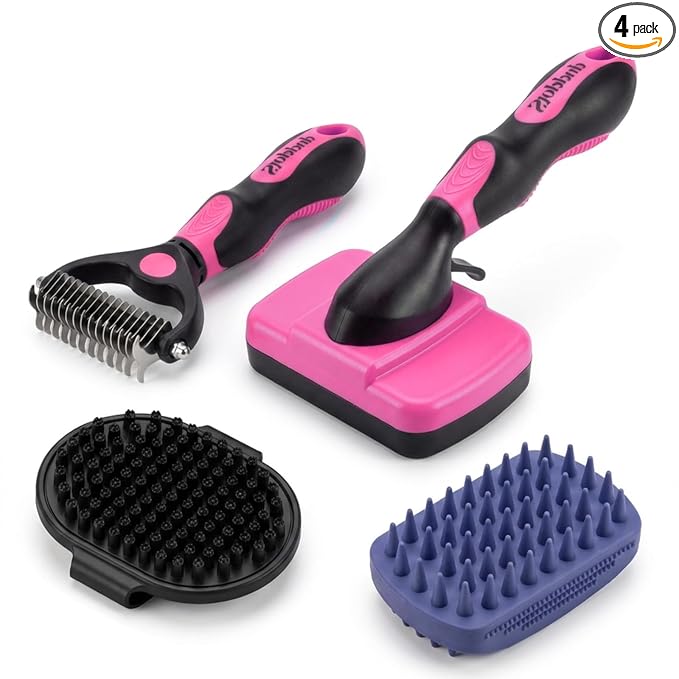 PETIMP STORE 4PCS Self Cleaning Slicker Brush, Pet Grooming Rake, Bath Brush & Massage Brush for Short/Long Haired Dogs, Cats & Horses, Pet Grooming Deshedding Tools - Pet Supplies (Pink Black)