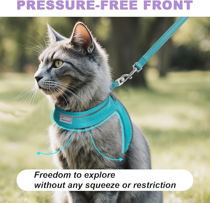 Cat Harness and Leash Set,Escape Proof Kitten Harness,Step in Adjustable Soft Lightweight,Easy Control,Reflective Strips Comfortable for Walking Travel(Ocean Blue,XXXS)