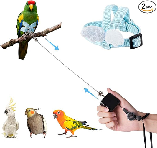 Retractable Bird Harness and Leash, Parrot Harness with Wing Design, Anti-Bite Bird Flight Training Rope for Budgies, Cockatiels, Mini Macaws (Blue)