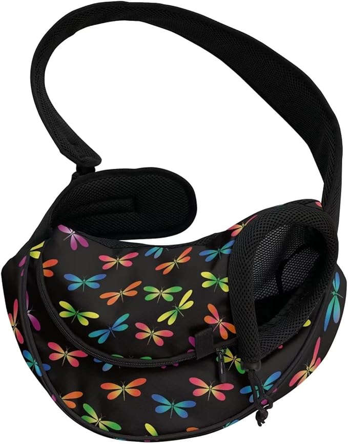 FUSURIRE Colorful Dragonfly Print Small Dog Sling Carrier for Small Pets, Cats and Puppies, Breathable Mesh Cute Front Pack Hands-Free Carrier Bag with Adjustable Shoulder Strap for Outdoor Travel