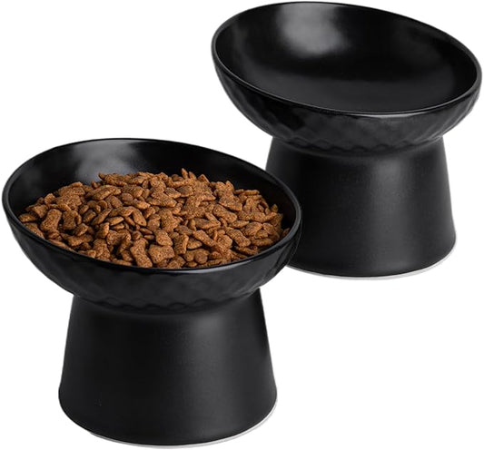 6 inch Small Ceramic Raised Cat Bowls, Tilted Elevated Food or Water Bowls, Stress Free, Backflow Prevention, Dishwasher and Microwave Safe, Lead & Cadmium Free(Black 6 inch-2pc)