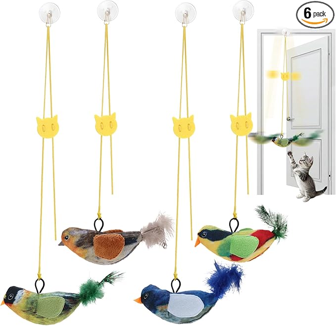 4 Pcs Interactive Cat Toys for Indoor Cats, Chirping Bird Cats Feather Toys, Flying Bird Cat Toys, Chase Exercise Door Frame Toy for Bored Kittens Adult Cats