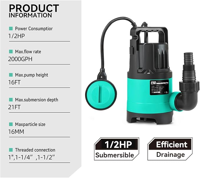 Sump Pump 2000GPH, Prostormer 1/2 HP Submersible Water Pump with Automatic Float Switch, Portable Utility Pump for Pool, Garden, Pond, Basement, Flood Drainage