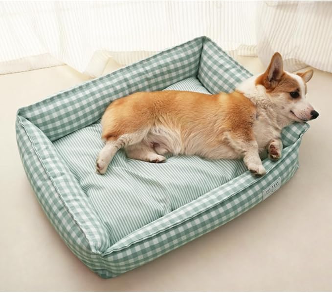 Orthopedic Rectangle Dog Bed for Medium Small Dogs, Plaid Plush Modern Puppy Sofa Bed with Anti-Slip Bottom, Cute Calming Pet Bed(Red,Large)