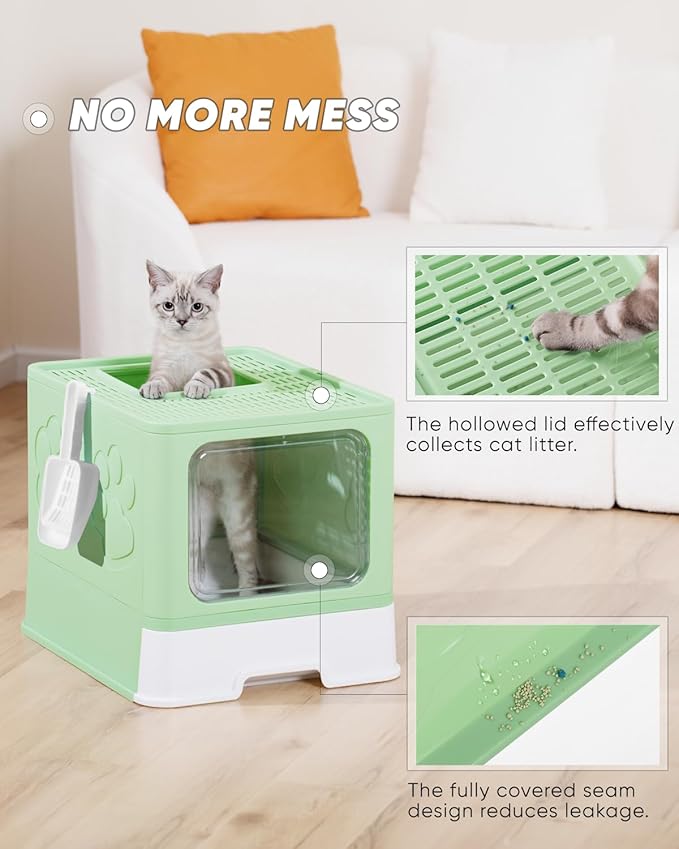 Covered Litter Box, Large Litter Box for Big Cats, Enclosed Cat Litter Boxes with Lid, Top Entry Kitty Litter Box with Scoop, Odor Control, Easy to Clean (Green)