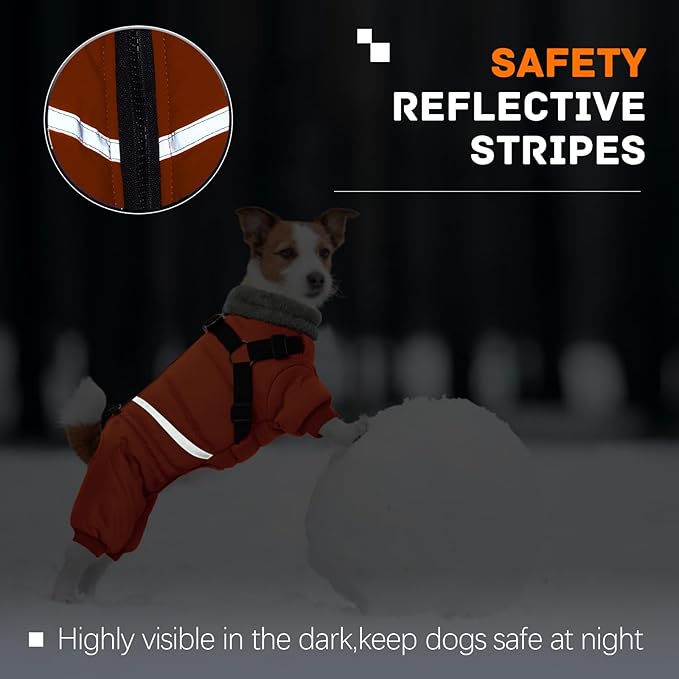 BRKURLEG Small Dog Winter Coat with Harness Built in, Orange Winter Dogs Jackets, Fullbody Dog Coat, Dogs Snowsuits Reflective Windproof Cold Weather Coats, Pet Warm Fleece Coats, M