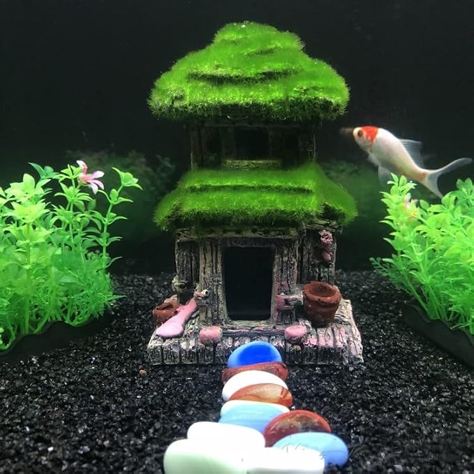 AWXZOM Fish House - Aquarium Decoration with Lifelike Moss, Comes with 2x Artificial Plants