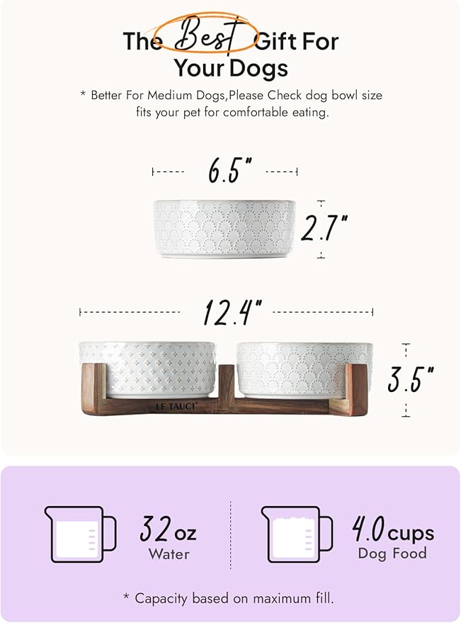LE TAUCI Dog Bowls Ceramic for Small Medium Dogs - 3-Cup Dual Food & Water Bowl Set with Acacia Wood Stand, Non-Slip Anti-Tip Elevated Design