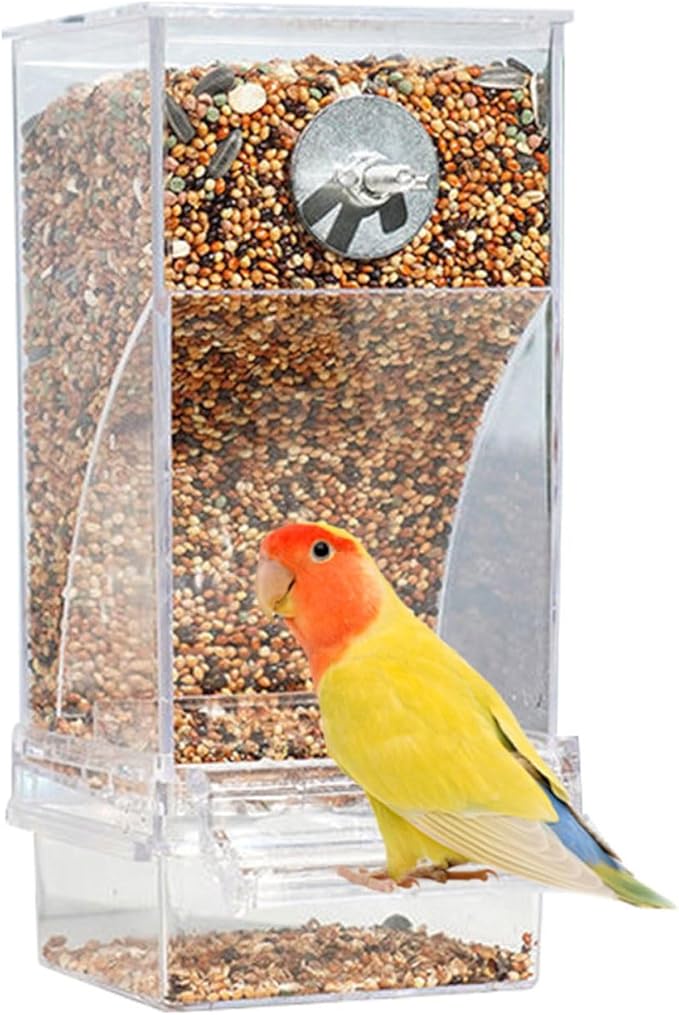 No Mess Automatic Bird Feeder, Acrylic Transparent Parrot Feeder Cage Accessories, Parrot Seed Food Feeder Container Cage Accessories for Small Medium Birds Parakeets Lovebirds (Transparent)