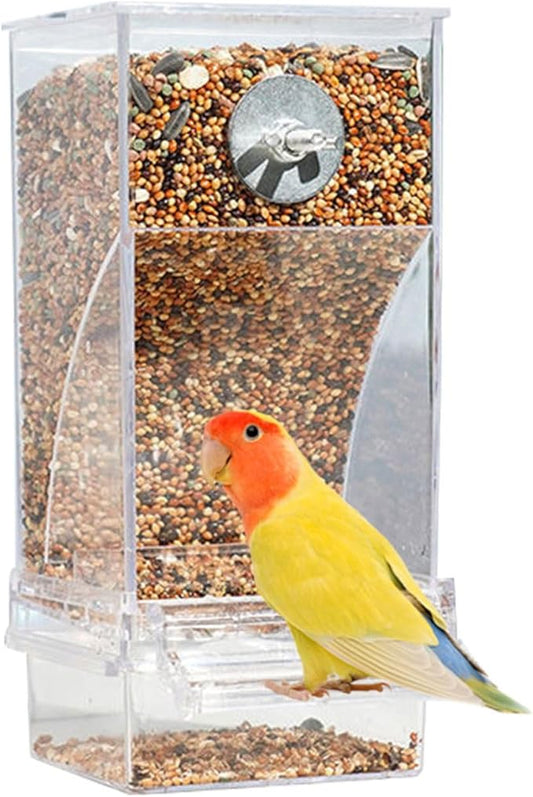 No Mess Automatic Bird Feeder, Acrylic Transparent Parrot Feeder Cage Accessories, Parrot Seed Food Feeder Container Cage Accessories for Small Medium Birds Parakeets Lovebirds (Transparent)