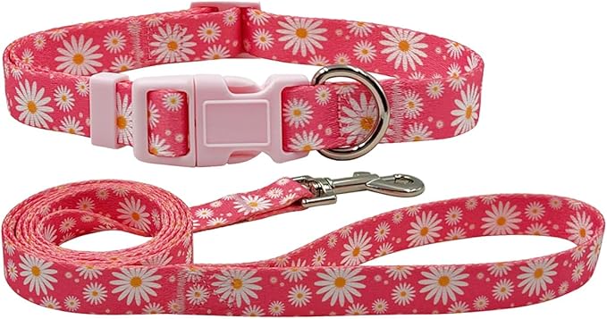 Dog Collar Leash Set, Floral Pattern, Polyester Material, Adjustable Collar and 5ft Matching Leash, for Large Dogs.(L, Daisy)