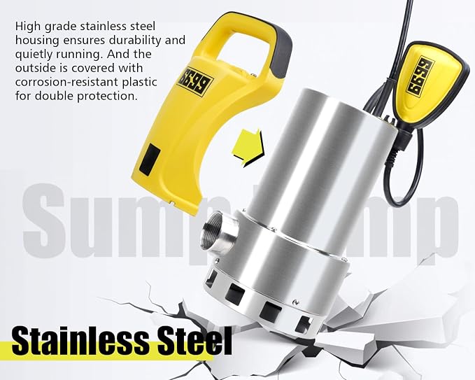 1.5HP Sump Pump Submersible Water Pump with 25FT x 1-1/2” Backwash Hose Up to 6500GPH Stainless Steel Utility Pump Drain Water from Pool Basement Sump Pit Garden Pond Hot Tub SUB 6500SS KIT