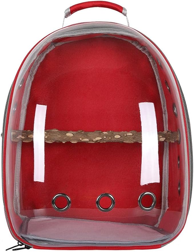 Bird Carrier Backpack Cage Transparent Parrot Carrier 1 Stick Wooden Standing Perch 12 Holes Ventilate Transparent Space Capsule Carrier Portable Bird Small Animal Travel Cage (red)