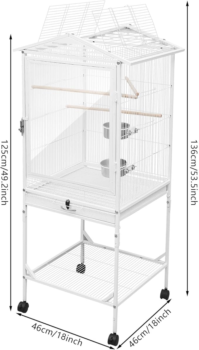 49" H Large Bird Cage with Wheels, Iron Bird Cage with Pull-Out Tray Rolling Stand Clear Acrylic Door Bird Flight Cage with Stand Bars and Feeding Bowls for Small and Medium-Sized Parrots