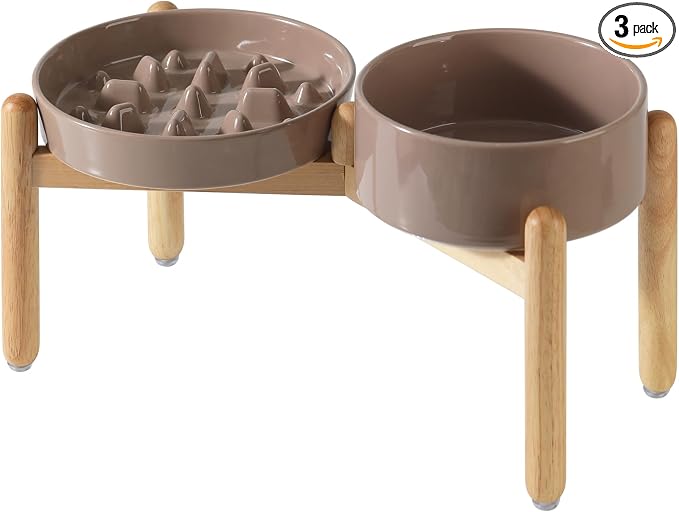 Havniva 8.2” Raised Slow Feeder Dog Bowls Set, 1.6 Cups Ceramic Slow Feeder Dog Bowl and 7.3” Dog Water Bowl with Elevated Wooden Stand Puzzle Dog Food Bowl for Medium Dogs Anti-Gulping & Anti-Choking