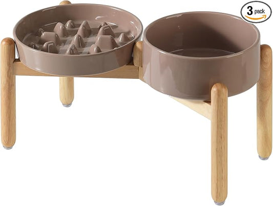 Havniva 8.2” Raised Slow Feeder Dog Bowls Set, 1.6 Cups Ceramic Slow Feeder Dog Bowl and 7.3” Dog Water Bowl with Elevated Wooden Stand Puzzle Dog Food Bowl for Medium Dogs Anti-Gulping & Anti-Choking