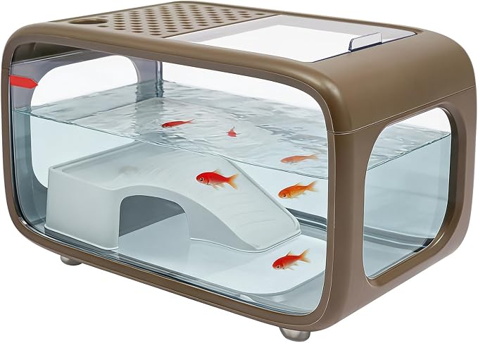 Desktop Fish Tank 3.17 Gal, Fish Tank with Top Feeding Hole, Desktop Fish Bowl with Climbing Frame for Aquatic Animals (Brown)