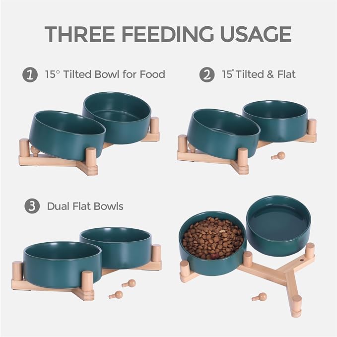 Elevated Ceramic Dog Bowls for Small Dogs, Raised Dog Bowl Set with Adjustable Wood Stand, Non-Slip Pet Feeding Station, Food & Water Bowls for Cats & Small Dogs 13.5 oz (Green)
