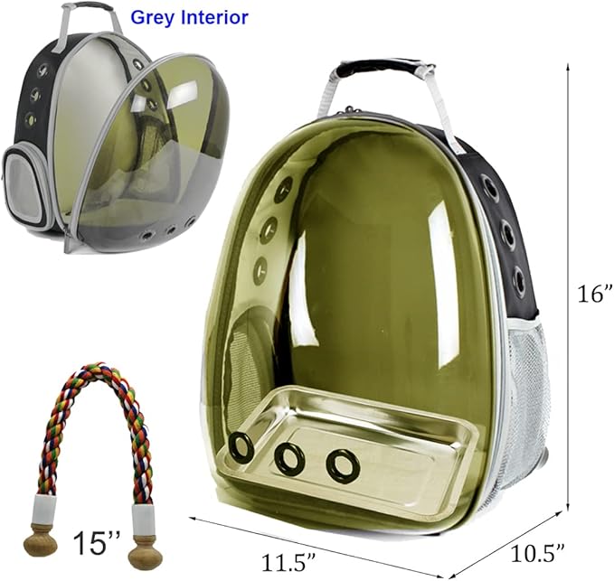Bird Traval Carrier Cage, Polarized Tinted Brown Space Capsule Astronaut Backpack to Carry Parakeet Cockatiel Parrot with Metal Tray Bird Feed Wood Perch, Vet Transport Bag