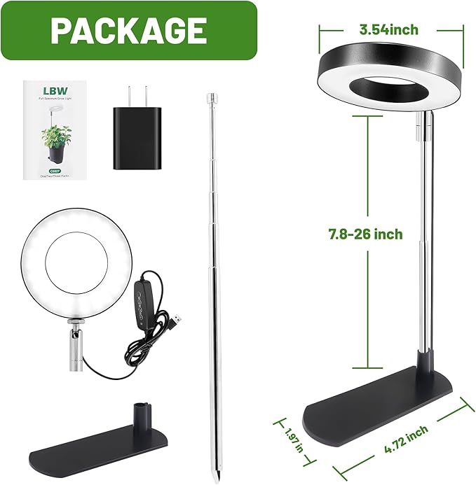 LBW Grow Light for Indoor Plants, Full Spectrum Plant Grow Light with Base, Height Adjustable Plant Growing Lamp with Auto On/Off Timer 6/8/12/16H, 3 Colors,5 Dimming Levels, for Small Plants, Black
