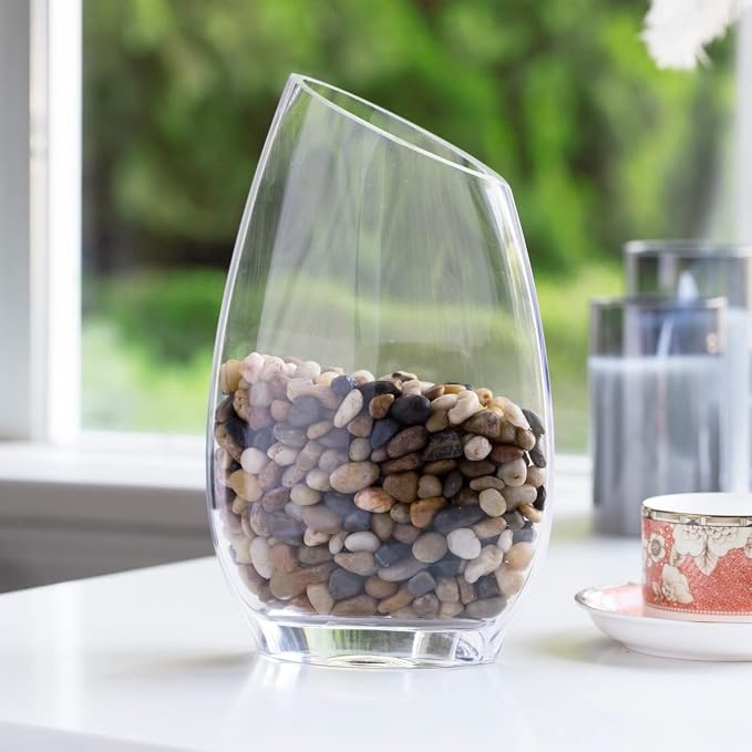 Unique Angled Rim Clear Glass Vase 4.5" W 8.0" H, Decorative Flower Vase for Home Decor Indoor, Wedding Centerpiece Event (1 Piece)