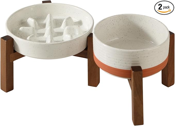 Havniva Elevated Slow Feeder Dog Bowls, 1.2 Cups/7.3 inch Slow Feeders + 6.1 inch Ceramic Dog Food & Water Bowls Set with Acacia Wood Stand Puzzle Bowls for Fast Eater, Small Dogs Anti-Choking
