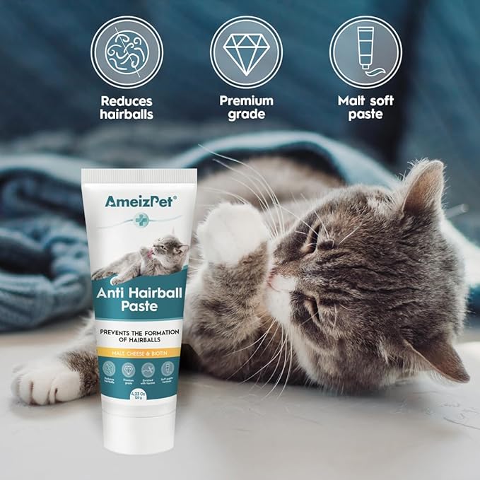 AmeizPet Hairball Remedy for Cats, Anti-Hairball Malt Paste for Pet Fur, Treatment for Long & Short Fur Cats with Taurine & Cheese, 4.23 Oz (120g)