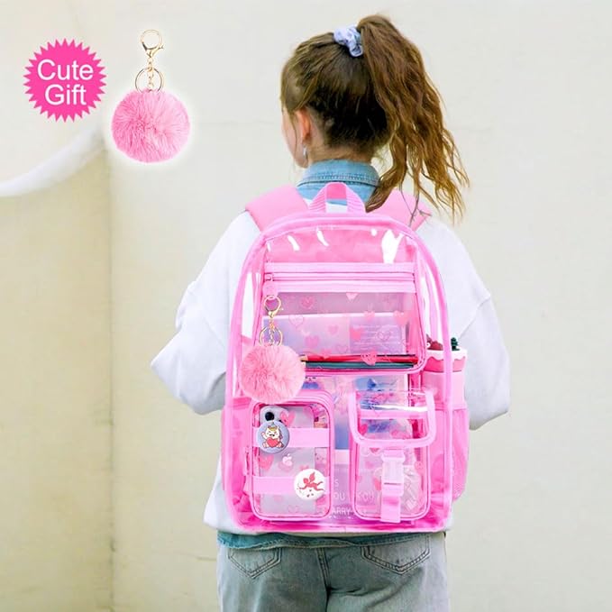 CCJPX 3Pcs Clear Backpack for Girls, School Transparent Bookbag, Heavy Duty See Through Backpacks for Teens Elementary