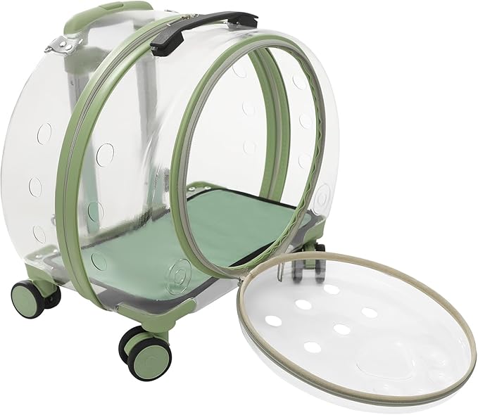 Cat Carrier with Wheels, Breathable Cat Rolling Carrier with Telescopic Handle, Bubble Cat Backpack Carrier, Clear Pet Travel Bag for Small Dogs Pets, up to 19lbs, 15.7" x 10.6" x 17.7" (Green)