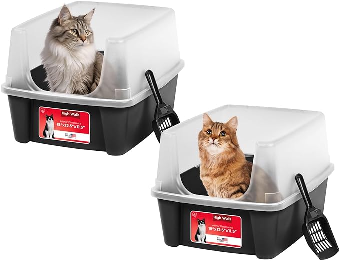 IRIS USA Cat Litter Box Large Open Top with High Sided Walls Tall Scatter Shield Scoop Included Easy Clean Plastic Pan Stain Resistant for Cats Kittens Indoor Multi-Cat Households 2-Pack Black