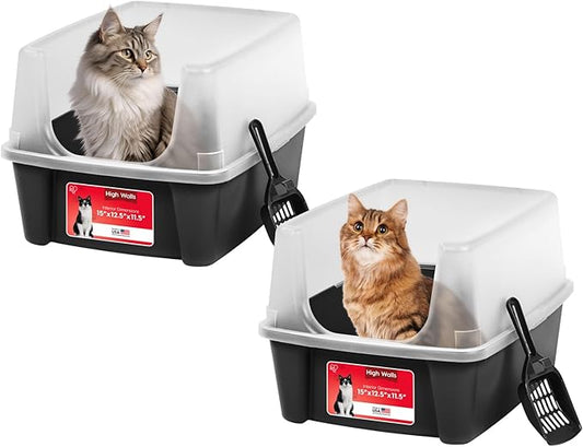 IRIS USA Cat Litter Box Large Open Top with High Sided Walls Tall Scatter Shield Scoop Included Easy Clean Plastic Pan Stain Resistant for Cats Kittens Indoor Multi-Cat Households 2-Pack Black