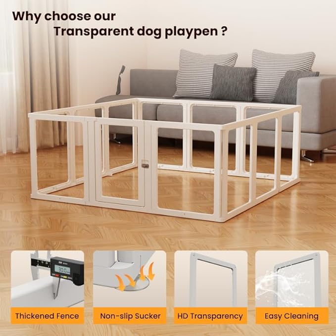 12PCS DIY Dog Playpen Transparent Acrylic Dog Playpen Indoor, Easy Assemble & Disassemble Clear Acrylic Playpen for Dogs, Acrylic Dog Pen with Gate, 23.6" Height