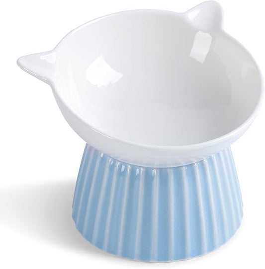 Ceramic Raised Cat Bowl，Tilted Raised Cat Bowl Anti Vomit Cat Bowls for Indoor Cats Whisker Friendly Pet Feeder for Cats Puppies, Microwave and Dishwasher Safe, Blue