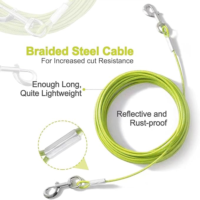 Tie Out Cable for Dogs,10/20/30/50/100FT Dog Leads for Yard Chew Proof,Heavy Duty Tie Out Cable for Large Dogs Up to 125lbs,Dog Runner Tether (Green, 125Ibs 150ft)