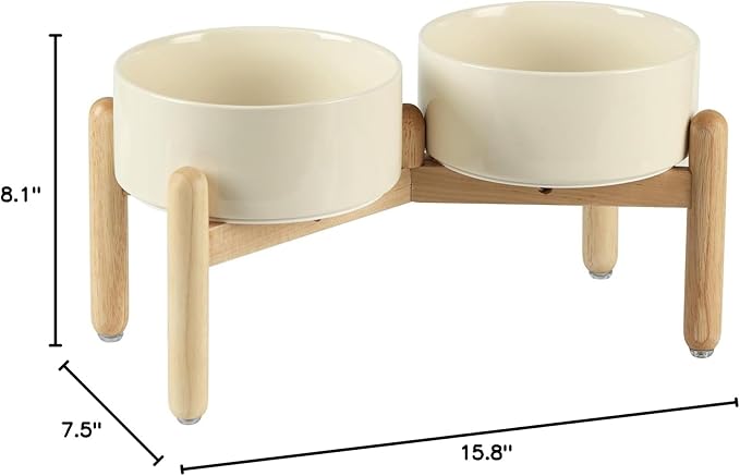 Havniva Ceramic 7.3inch Raised Double Bowls Set with Wooden Stand, Food & Water Bowls for Medium Breed Dogs, Weighted Dog Dishes, Pet Feeder(Light Yellow)