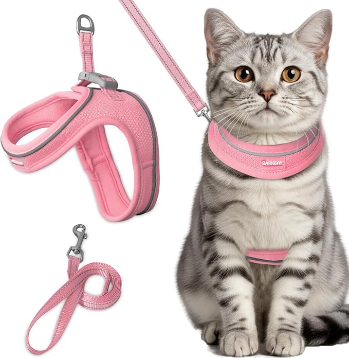 Cat Harness and Leash Set,Escape Proof Kitten Harness,Step in Adjustable Soft Lightweight,Easy Control,Reflective Strips Comfortable for Walking Travel(Baby Pink,S)