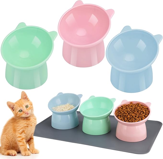 3 Pcs Elevated Cat Bowls 15° Raised Cat Bowl with Silicone Mat Whisker Friendly Anti Vomiting Cats Elevated Food and Water Bowls for Indoor Cats Kittens