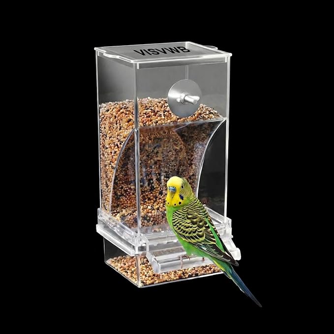 Clear Acrylic Bird Feeder, No Mess Automatic Cage Dispenser for Small Medium Birds, Gravity Food Container Seed Bowl for Parakeet Cockatiel Canary Lovebird Parrot Finches