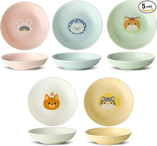 Ceramic Cat Bowls Set - 5.7 inch Cat Food Bowls Whisker Fatigue Friendly, 5 Wide Cats Plates for Wet Food Dry Food Water