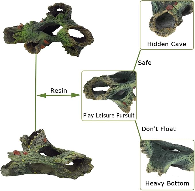 Tfwadmx Decaying Trunk Aquarium Ornament, Betta Fish Hideout - Small Resin Aquarium Decoration Log with Holes & Caves