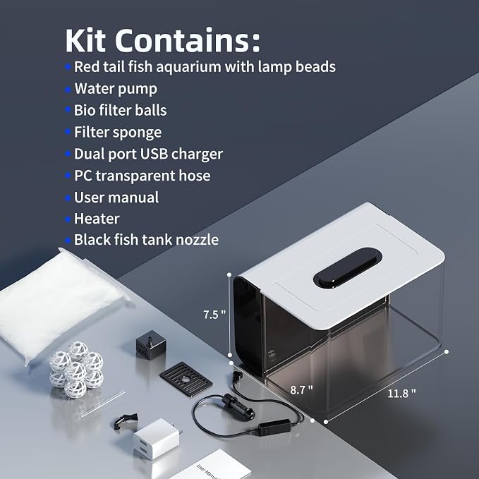Betta Fish Tank Kit 2.5 Gallon with Heater Hidden Filtration Light Acrylic | Dry-wet Separation Filtration, Self-cleaning, Ultra-quiet, 3 Color Light, 10 Brightness, Adjustable Water Flow, Round Corner